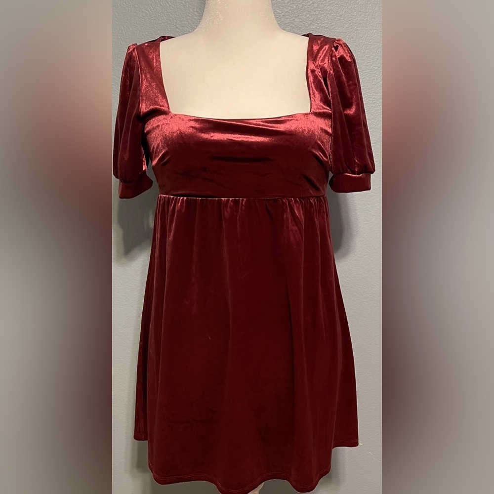 Burgundy Velvet Holiday Party Mini Dress Puff Sleeve Club Goth Babydoll Medium